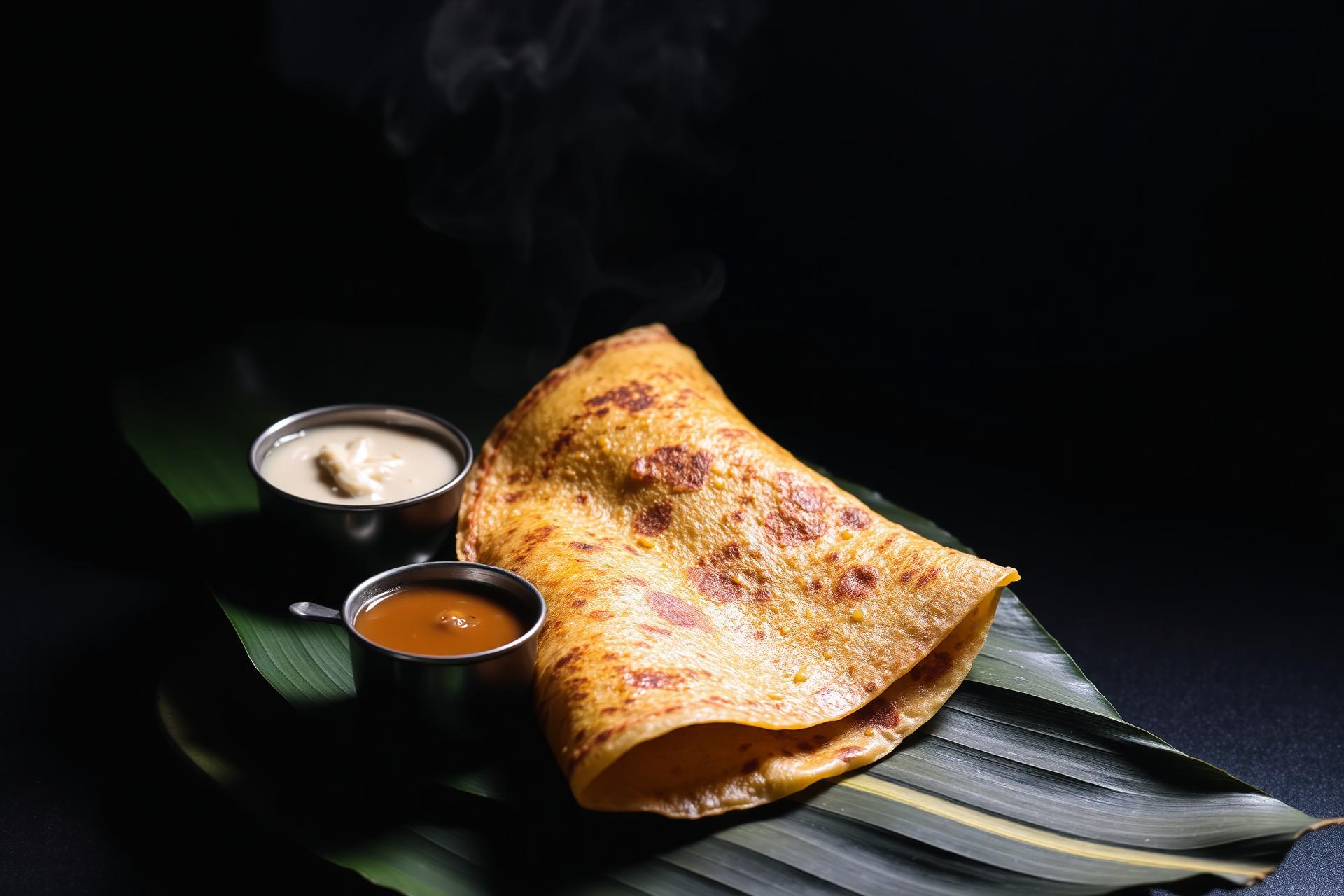 Crispy golden masala dosa with chutney and sambar